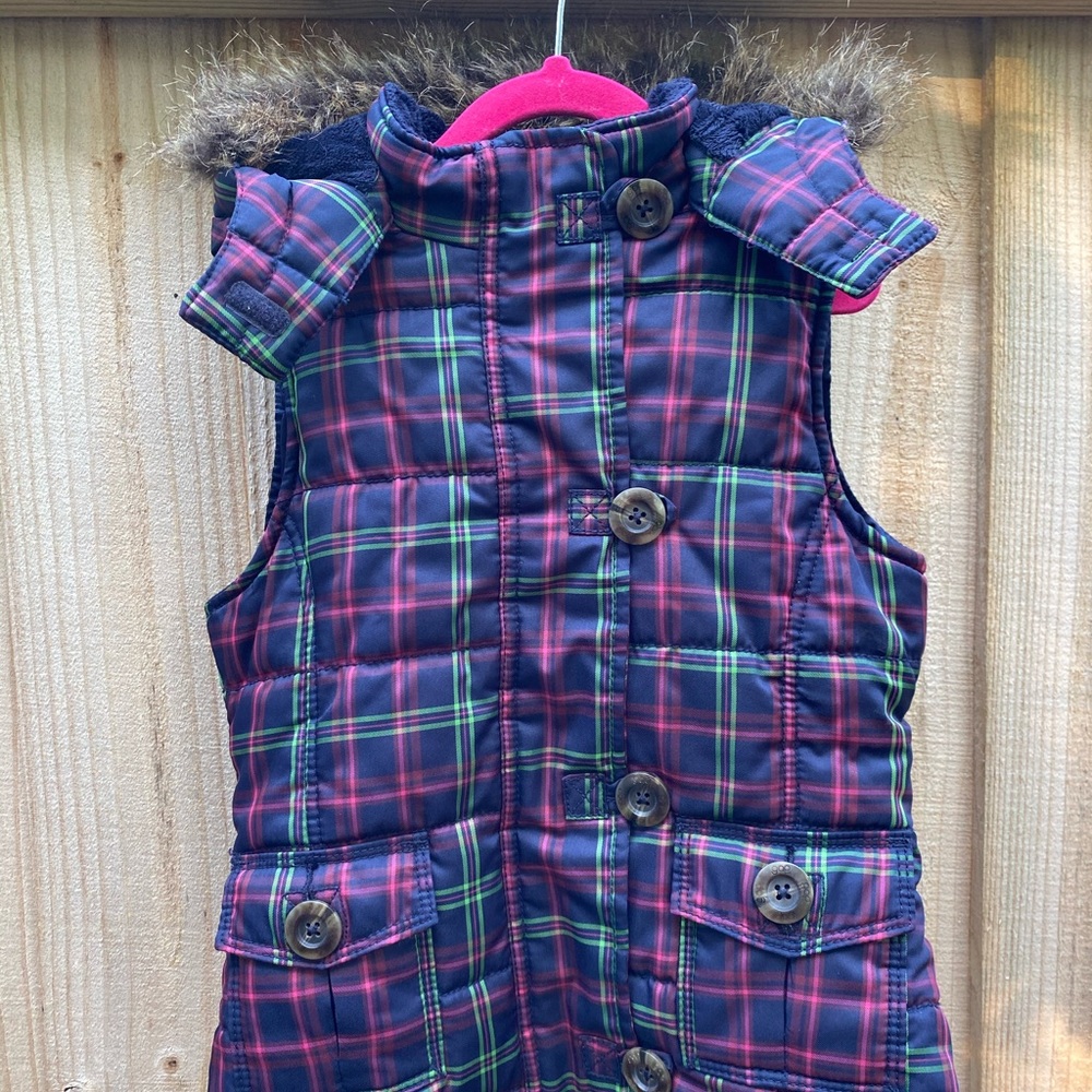 Gap Kids Plaid Puffer Vest with removable hood